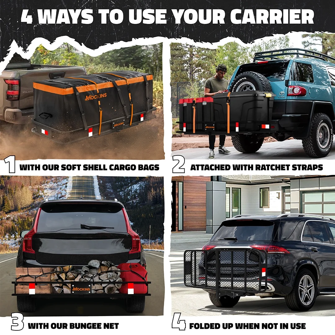 Mockins 60"x20"x6" Cargo Carrier Hitch Mount | 500lbs Cap. 2" Receiver Hitch Carrier with 16 CF Waterproof Bag