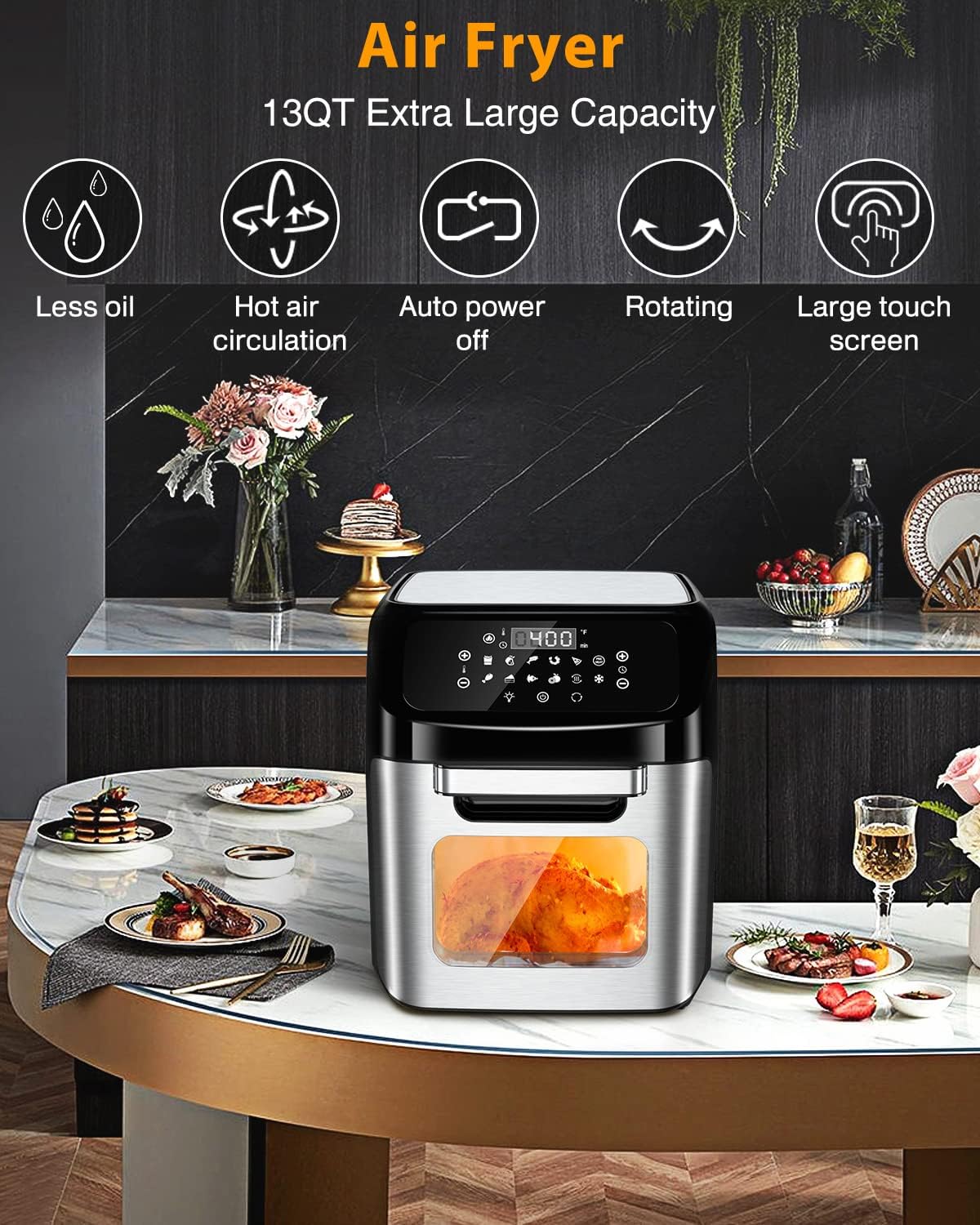 Air Fryer, 12 L (12.7 qt) Air fryer Oven with Rotisserie Function, 10 in 1 Electric Hot Oven with 8 Cooking Accessories and Recipe, 1700W Air Fryer Toaster Oven with 9 Presets, Preheat & Defrost