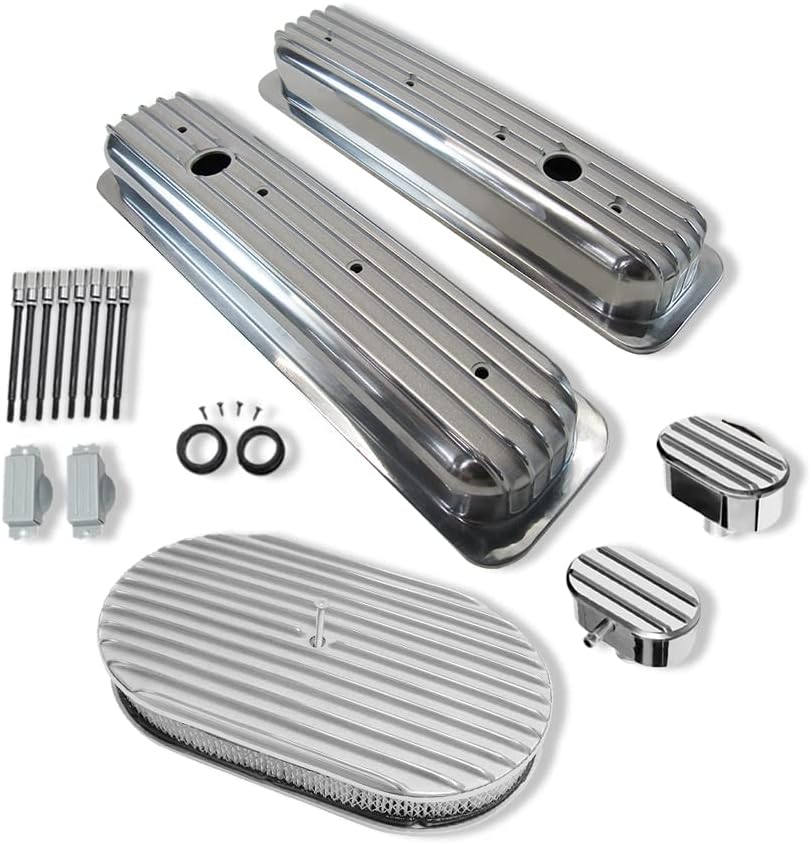 DEMOTOR PERFORMANCE Short Finned Center Bolt Valve Covers for SBC 305 350 with 15" Oval Air Cleaner and Breather Caps