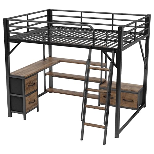 Full Size Loft Bed with Stairs and Storage, Metal Loft Bed Frame with Bedside Shelf and Large Under-Bed Space, Heavy-Duty Bed for Adults Teens and Kids, Black