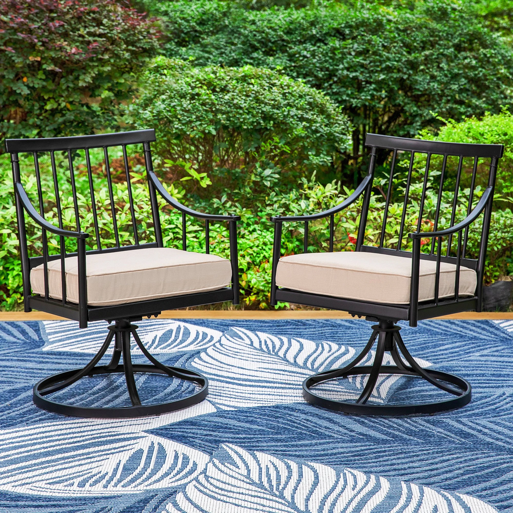 MF Studio 7-Piece Outdoor Dining Set with 6 Swivel Cushioned Chairs & Rectangular Table for 6-Person, All-Weather Metal Steel Furniture,  Black & Beige