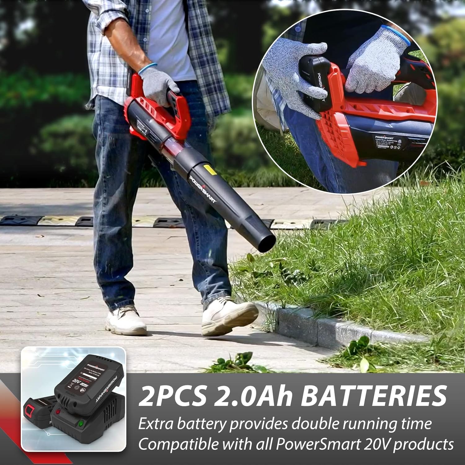 PowerSmart Leaf Blower Cordless with 2 X 2.0 Battery & Charger, 350CFM 85MPH Variable-Speed Control, 20V Electric Blower, Lightweight for Yard Cleaning, Dust, Debris, Snow