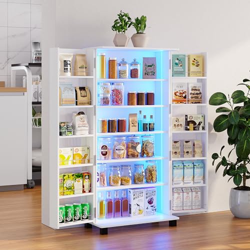 FOMNEY Kitchen Pantry Cabinet with LED Lights