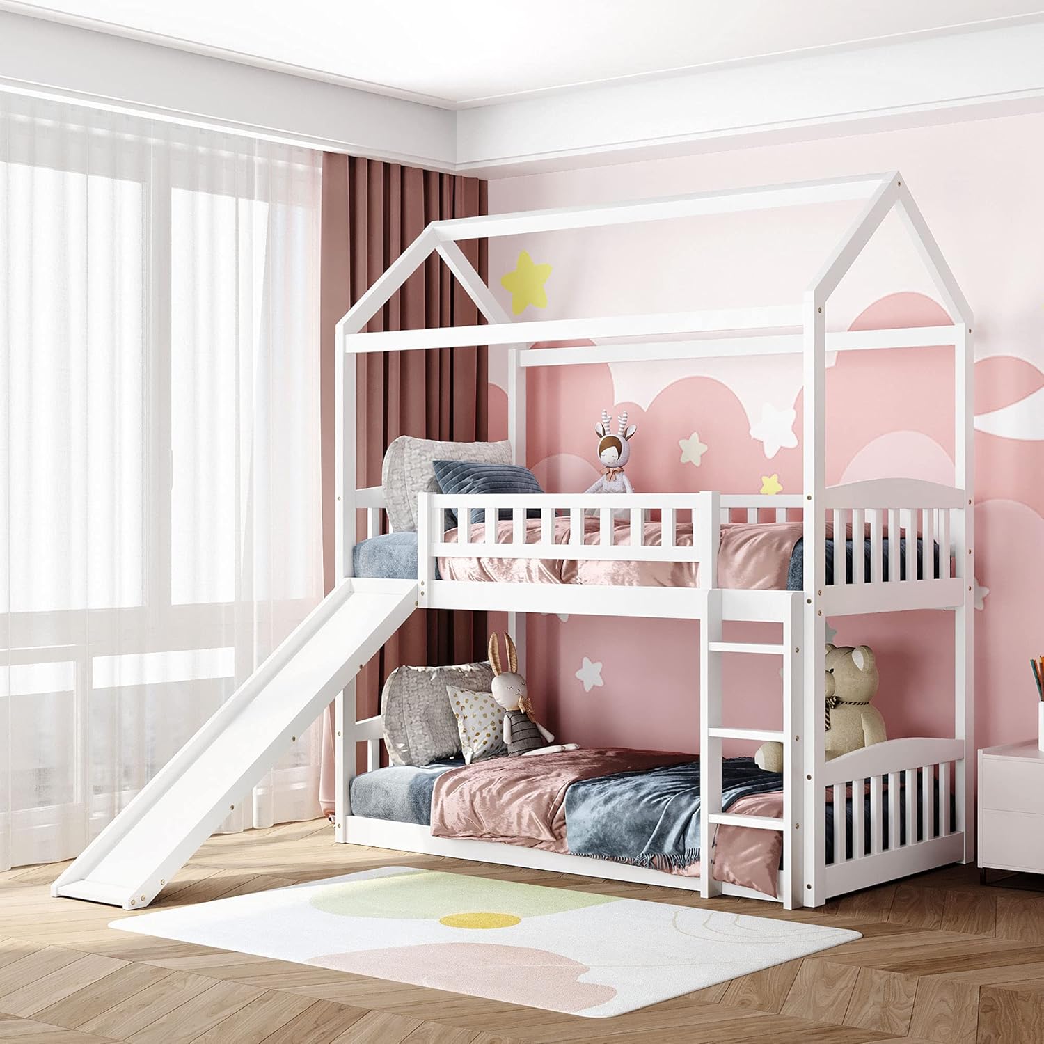 KLMM Twin Over Twin Metal Bunk Bed with Slide and Integrated Ladder, Housebed Bunk Bed for Kids Toddlers, Can be Decorated with Mosquito nets (Black with Black Slide)
