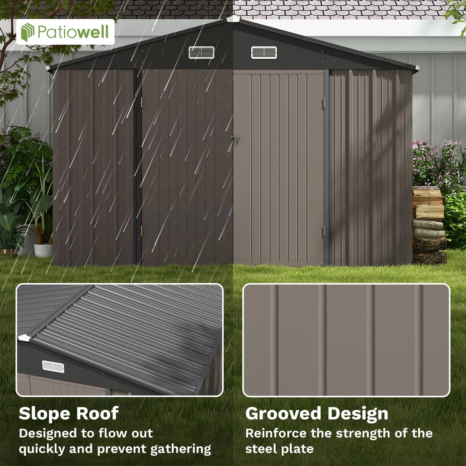 Patiowell Size Upgrade 10 x 10 ft Outdoor Storage Metal Shed with Sloping Roof and Double Lockable Door, Brown