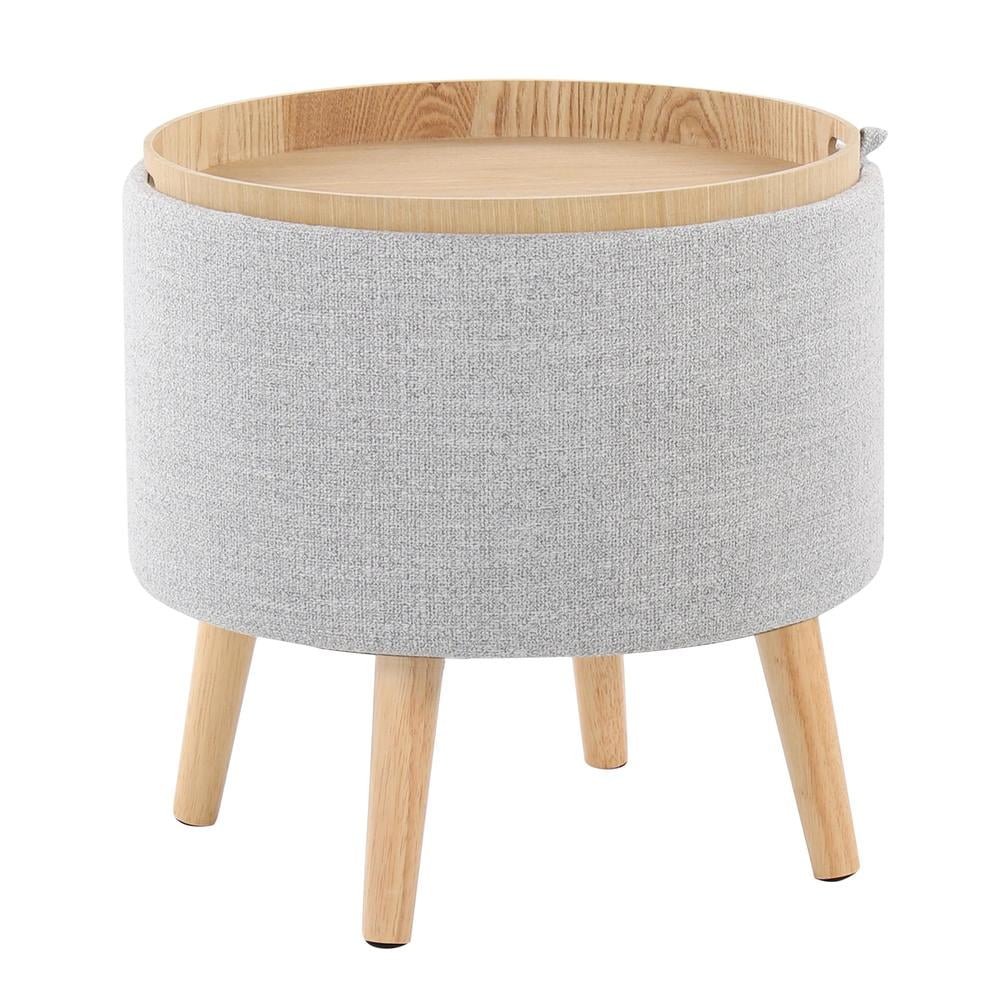 Lumisource Tray Contemporary Storage Ottoman with Matching Stool in Light Grey Fabric and Natural Wood Legs