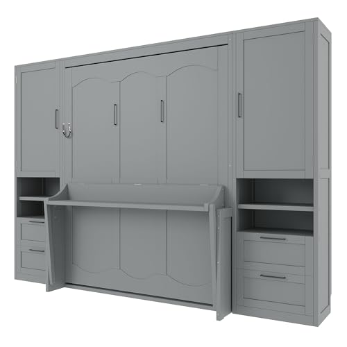 Merax Queen Size Murphy Bed with Desk, Space-Saving Wall Bed Frame with Closet, Drawers and Shelves, Foldable Platform Bed for Small Spaces Studio Study Office Guest Room, Gray
