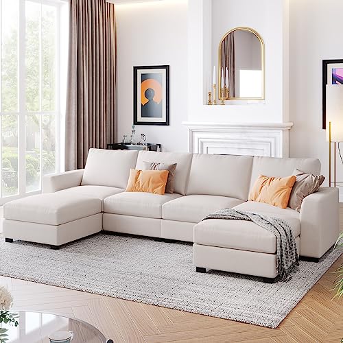 RWRAPS Modern Linen Sectional Sofa Set Convertible Corner Couch w/Removable Ottomans Chaise &Padded Seat/Cushions for Reception Room,Free Combination Living Room Set w/Wide Armrest&Wood Legs for Home