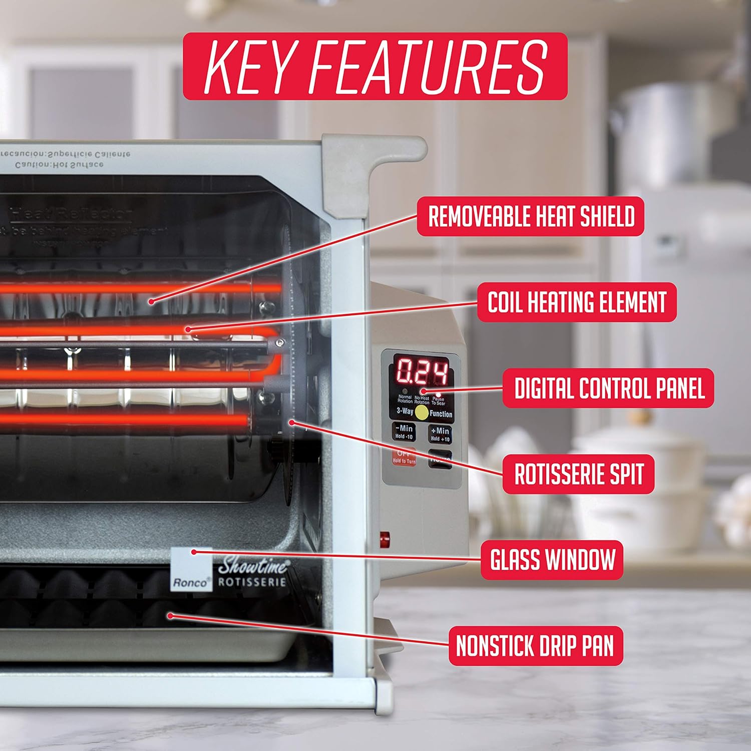 Ronco Showtime Large Capacity Rotisserie & BBQ Oven Platinum Edition, Digital Controls, Perfect Preset Rotation Speed, Self-Basting, Auto Shutoff, Includes Multipurpose Basket