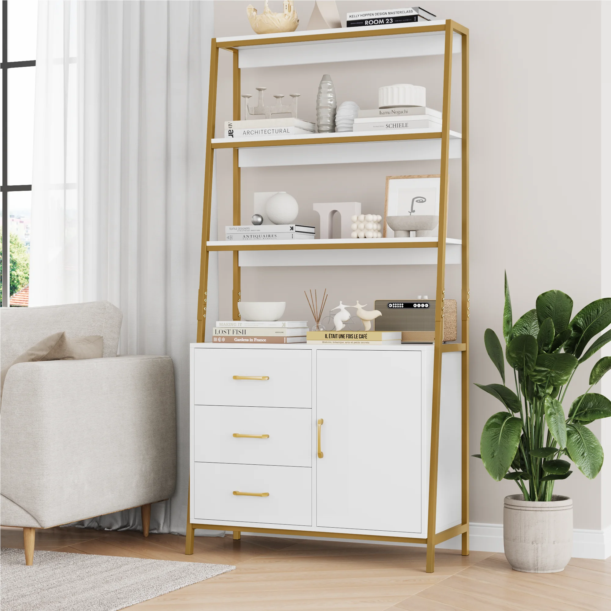 Homfa 3 Tier Display Storage Shelves with 3 Drawers, Gold Metal Frame Bookshelf for Living room, White Finish