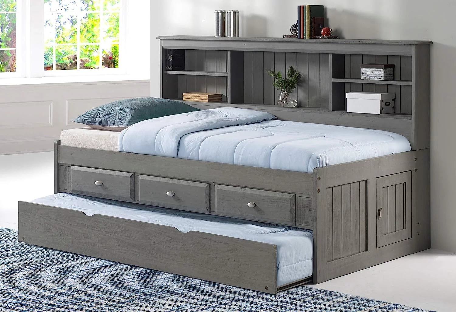 Discovery World Furniture - Twin Size Bed Frame with Headboard Bookcase Captain Day Bed with 3 Drawers & Twin Trundle, Twin Size Bed with Storage & Trundle, Charcoal