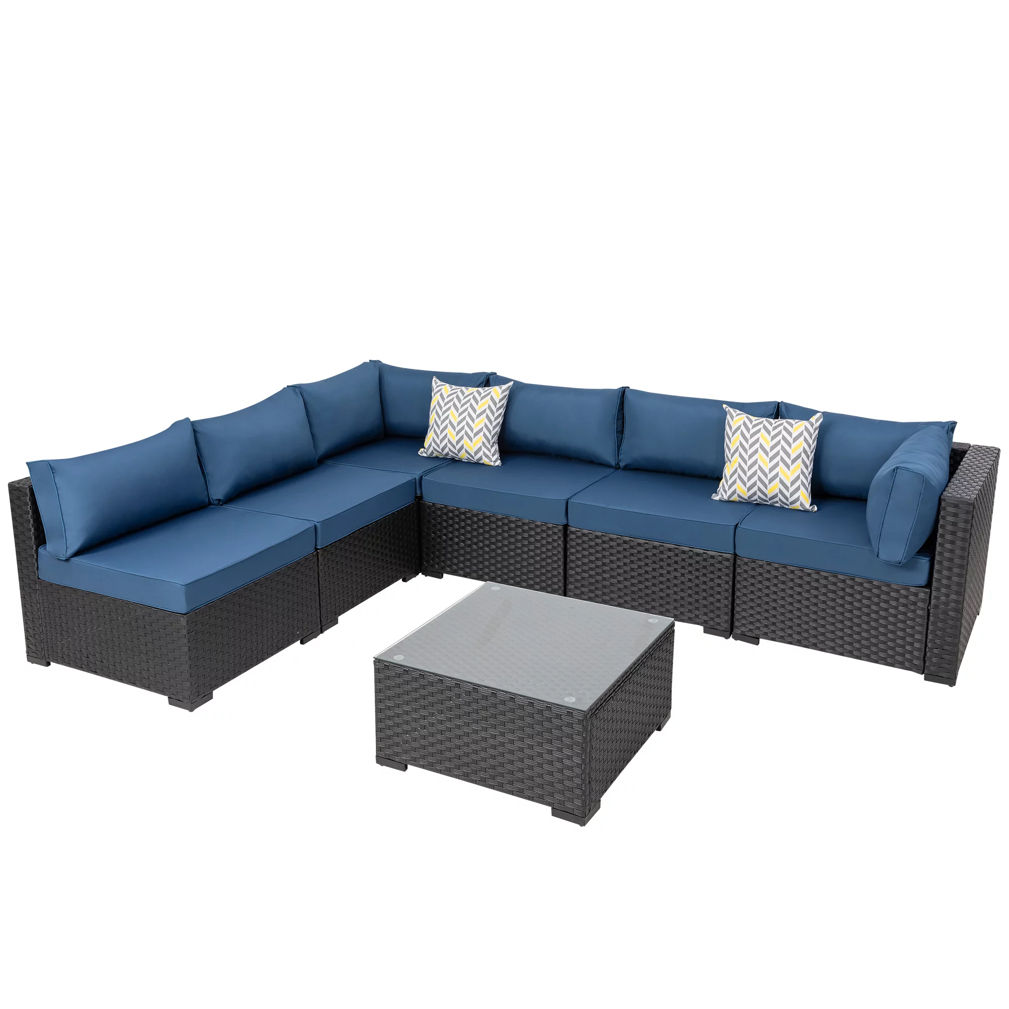 Walsunny 7 Pieces Patio Outdoor Furniture Sets,All-Weather Rattan Sectional Sofa with Tea Table&Washable Couch Cushions Aegean Blue