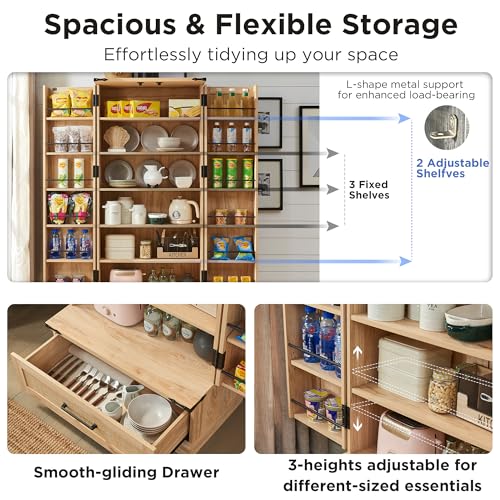 72" Farmhouse Kitchen Pantry Cabinet with Drawer, Tall Storage Cabinet with 2 Barn Doors and Shelves, Versatile Large Rustic Cupboard for Dining Room, Bathroom, Living Room, Laudry, White