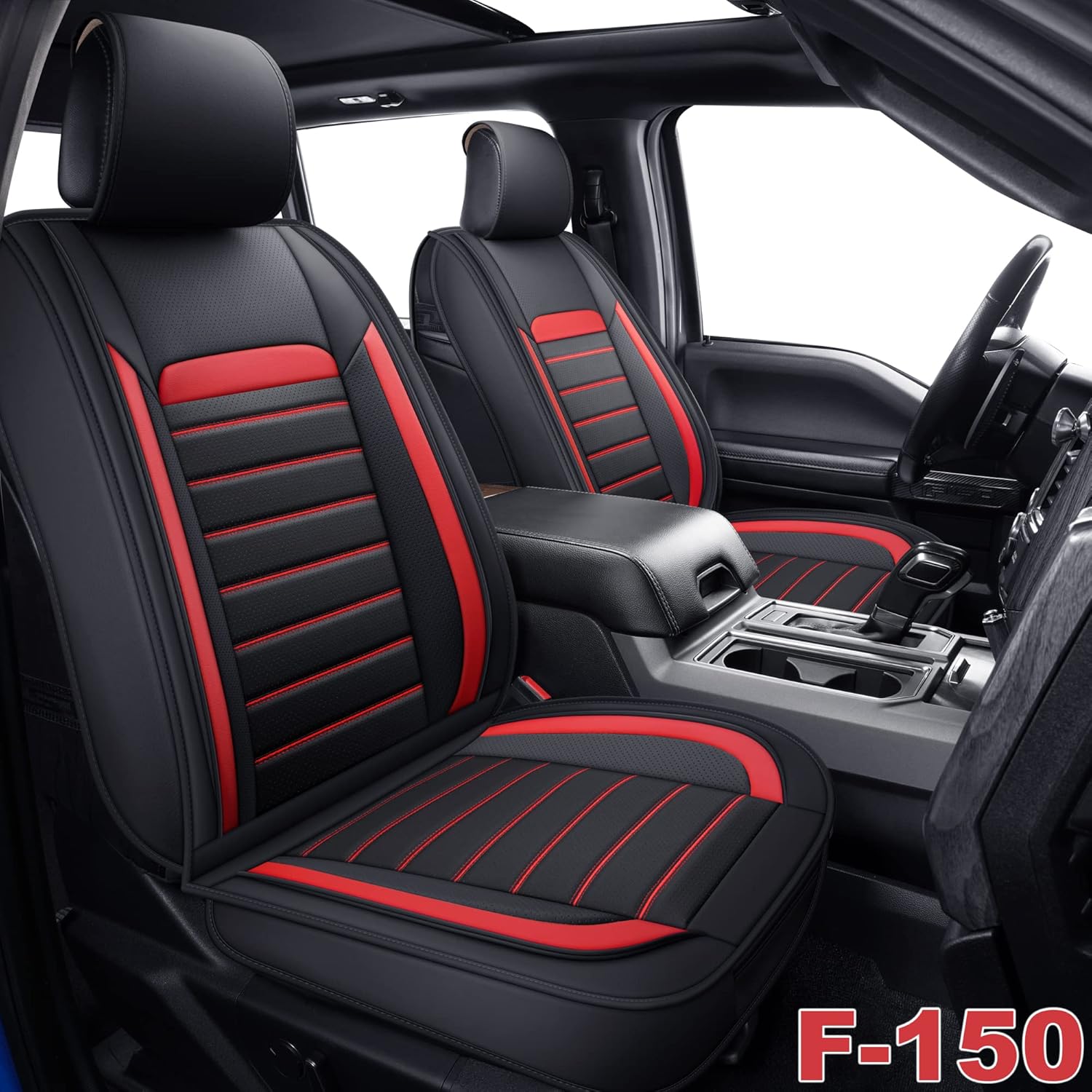 AOOG F150 Leather Car Seat Covers Full Set, Faux Leather Automotive Pickup Truck Seat Covers Fit for 2015-2022 F150 and 2017-2022 F250 F350 F451, Gray