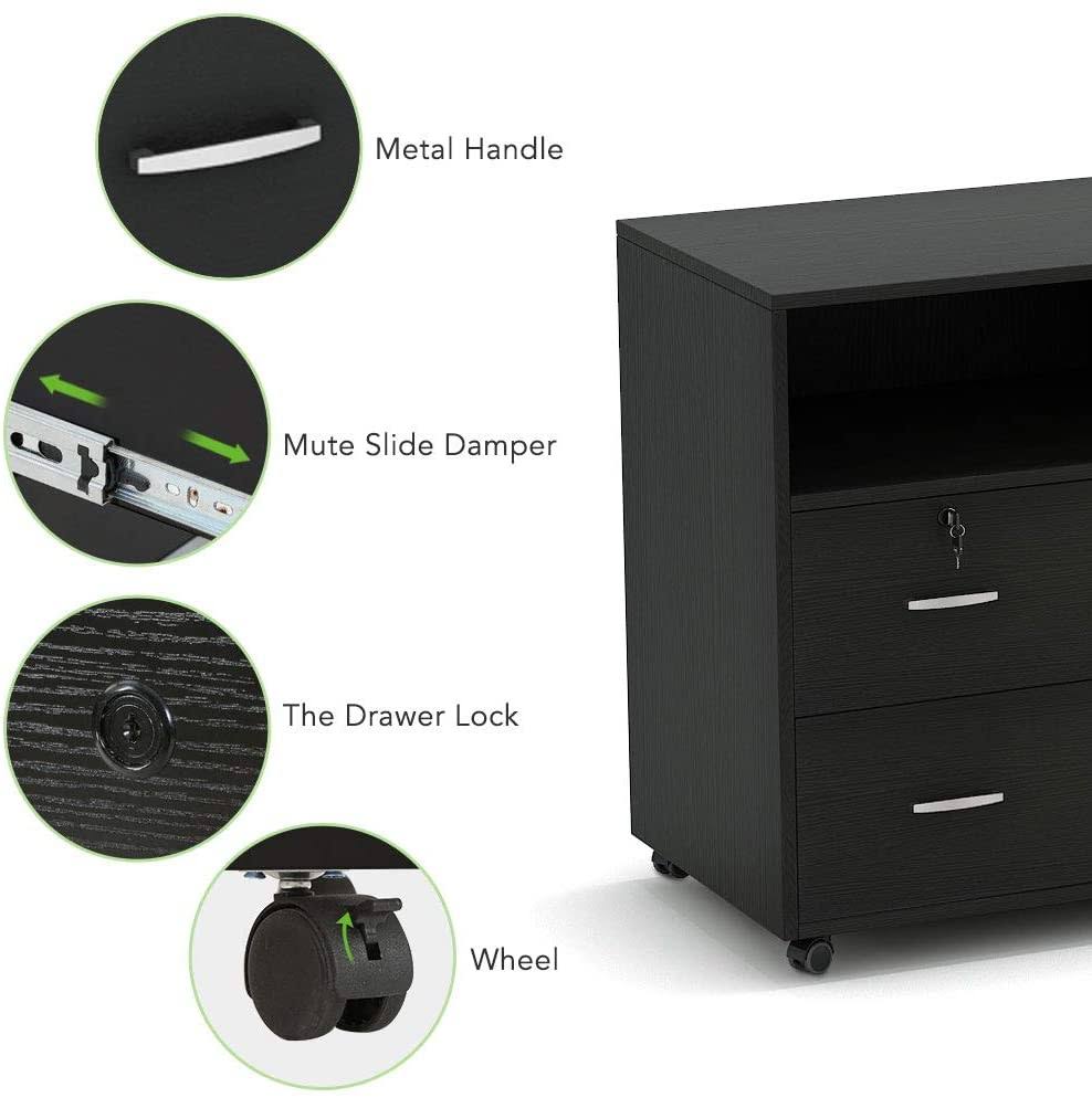 Wood File Cabinet, 2 Drawer Storage Printer Stand, Mobile Lateral Filing Cabinet with Locks and Wheels, Open Storage Shelves for