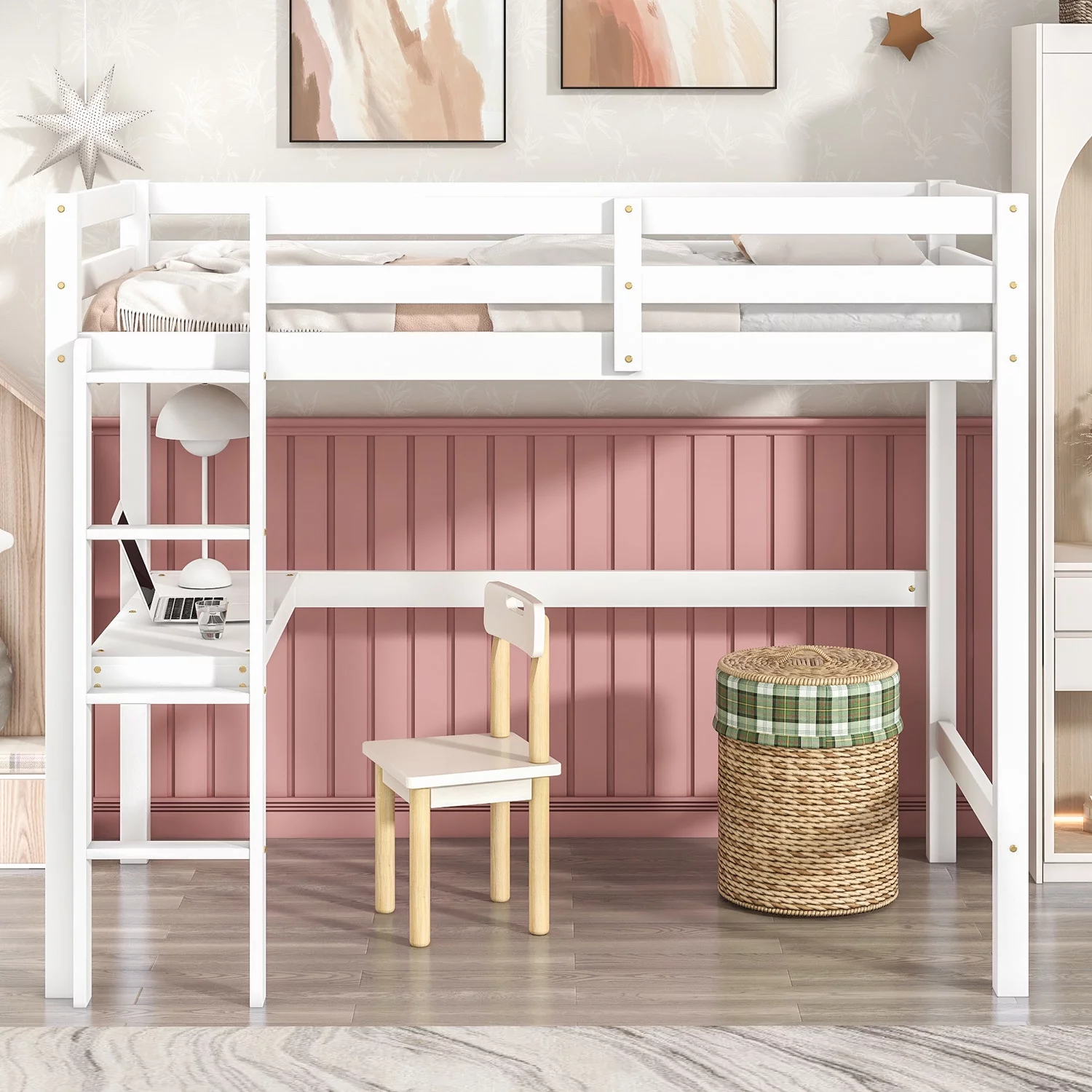 Syngar Twin Loft Bed Frame with Desk, Solid Pine Wood Twin Loft Bunk Bed Frame with Ladder for Boys Girls Teens Adults, No Box Spring Needed, Easy Assembly, White - Curated Treasures Market