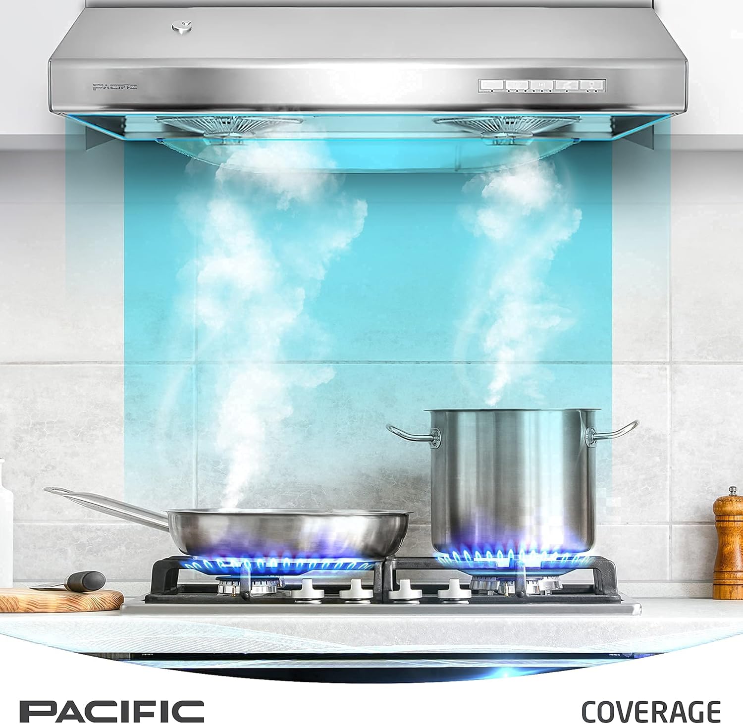 Pacific Kitchen Vent Hood AC30BS – 30 Inch Under Cabinet Range Hood – Filterless Modern Stainless Steel Hood Vent with 900 CFM Suction, Dual Fans, LED Touch Controls and Auto-Clean Function