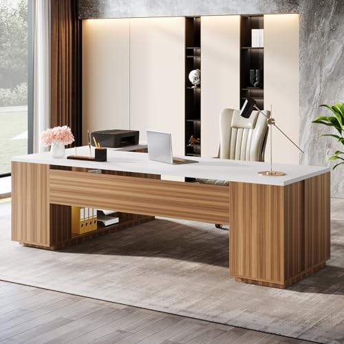 Tribesigns 85.8-Inch L-Shaped Executive Desk with File Drawers, Door Cabinet & Shelves, Extra Large Commercial Office Desk, Modern Professional Office Table, White & Brown Business Furniture