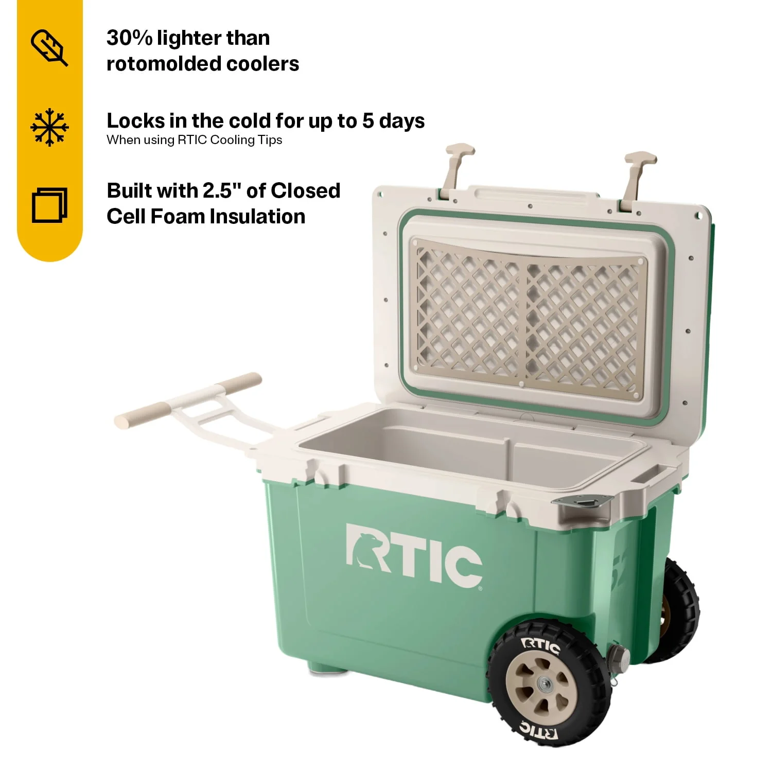 RTIC 52 QT Ultra-Light Wheeled Hard-Sided Ice Chest Cooler, White and Grey, Fits 78 Cans