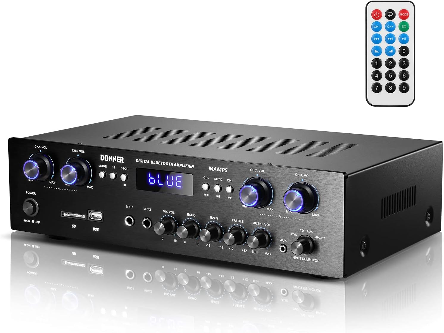 Donner Bluetooth 5.0 Stereo Audio Amplifier Receiver, 4 Channel, 440W Peak Power Home Theater Stereo Receiver USB, SD,FM, 2 Mic in Echo, RCA, LED, Speaker Selector for Studio, Home-MAMP5