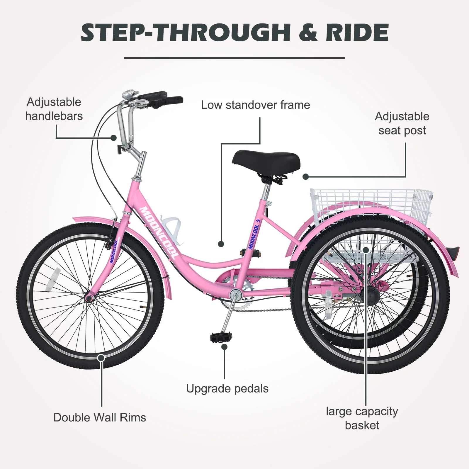 MOONCOOL Adult Tricycles, Single Speed Three Wheel Bike for Adults, 24 inches Adult Trikes for Men, Women, Seniors with Low Step Through