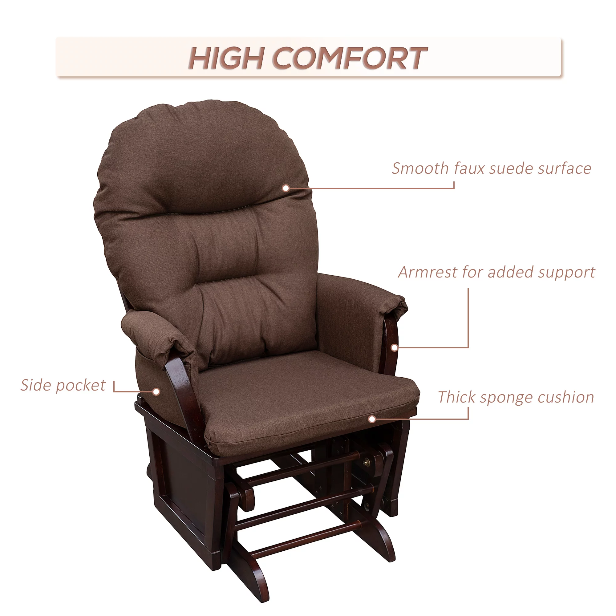 HOMCOM Nursery Glider Rocking Chair with Ottoman, Thick Padded Cushion Seating, Armrests and Wood Base, Dark Coffee