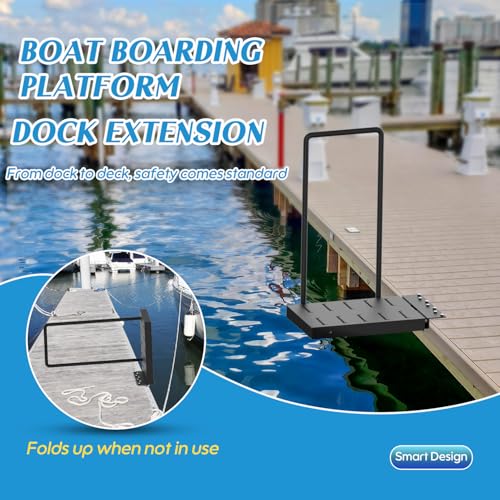 Boat Boarding Platform, Metal Dock Extension with Safety Handrail, Powder-Coated Dock Boarding Step for Easy Access to Boats, Black Dock Boarding Platform Features a 500Lb Capacity