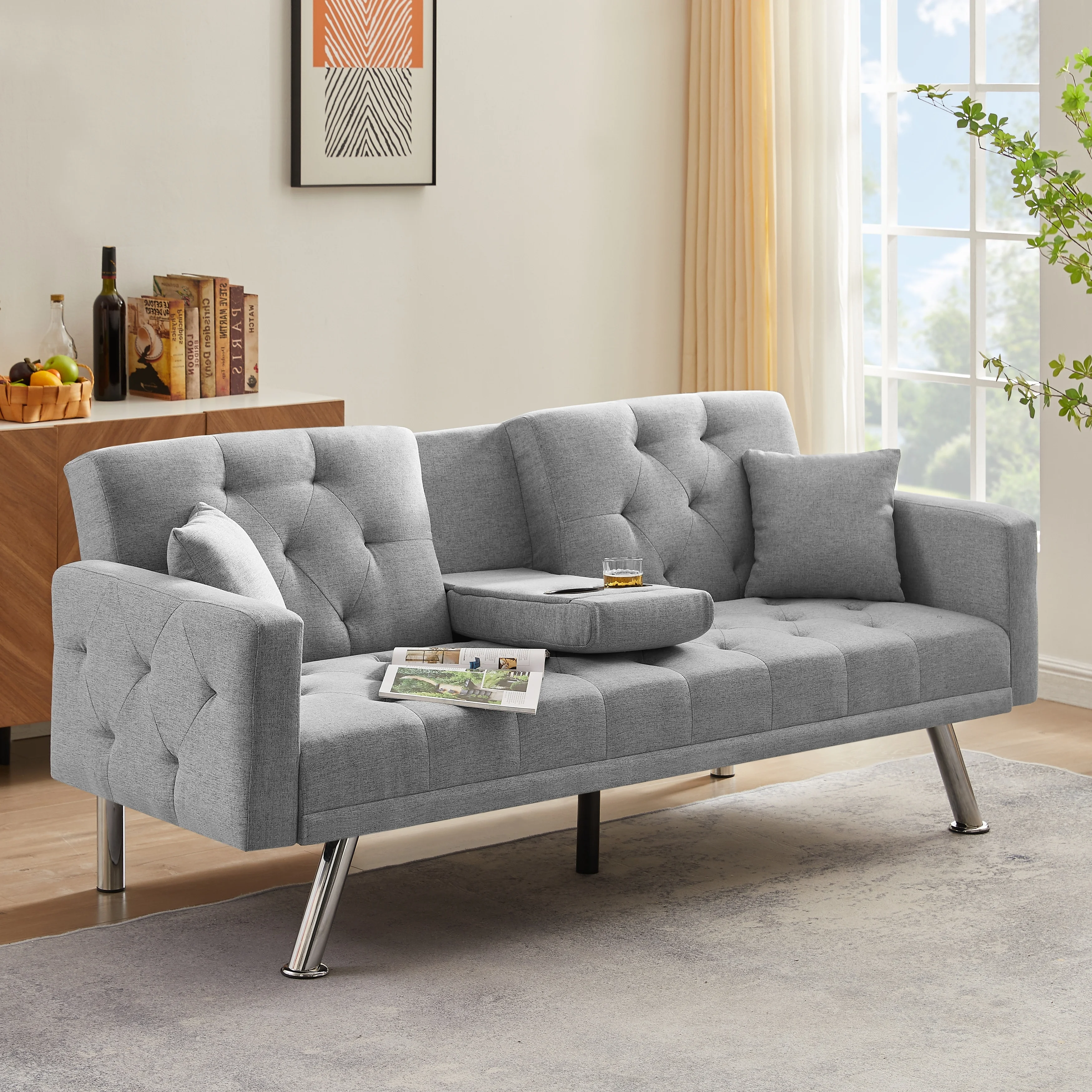 Yangming 76 Inch Futon Sofa Bed with Cup Holders, Linen Convertible Folding Futon Couch with Adjustable Backrest and Throw Pillows Green