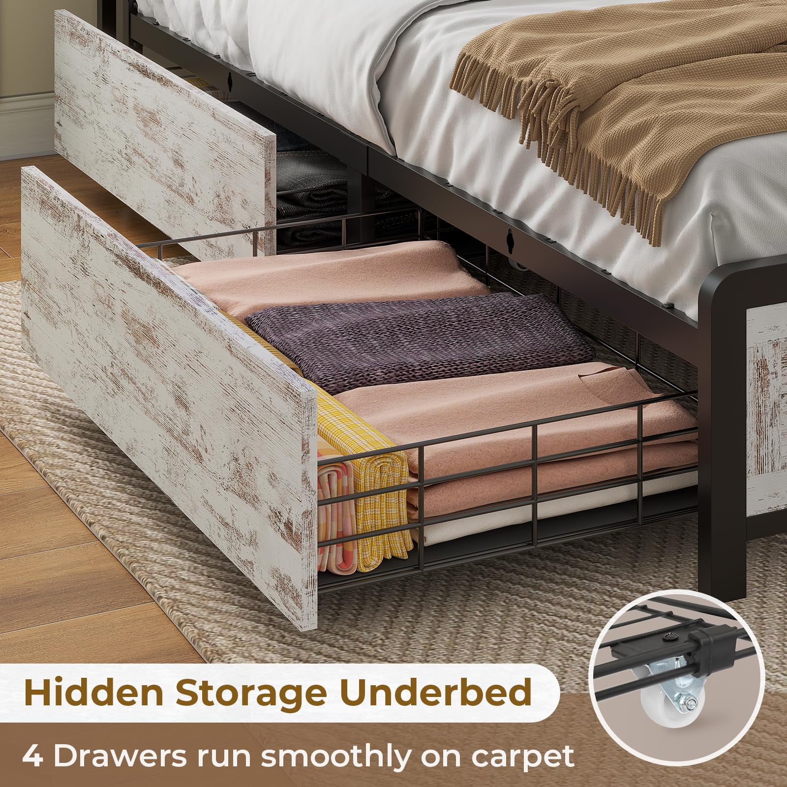 Queen LED Bed Frame with Charging Station and 4 Drawers, Metal Platform Bed Frame with Hidden Storage Headboard, No Box Spring Needed, Old White - Curated Treasures Market