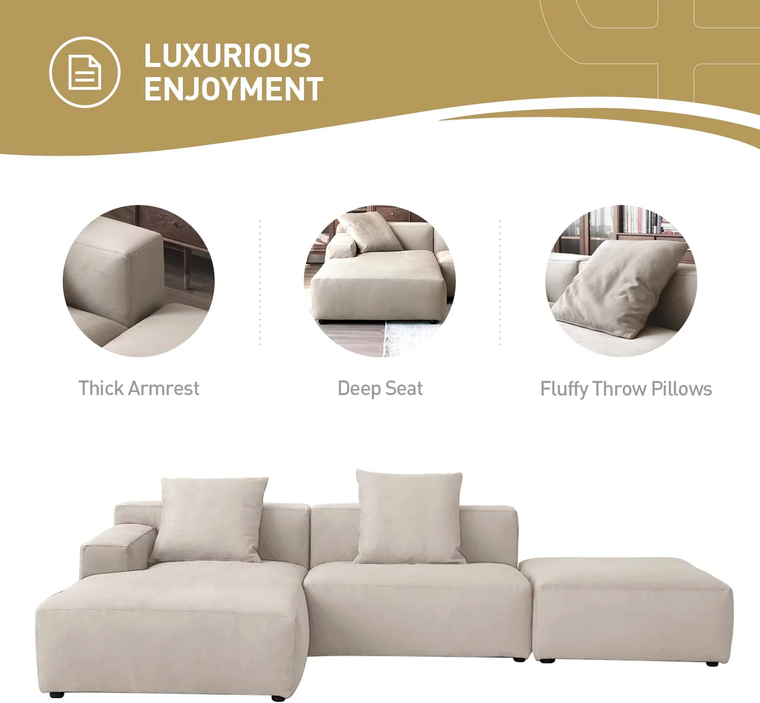 Acanva Luxury Modern Modular L-Shape Sectional Sofa Set  3 Seat Upholstered Couch with Chaise Lounge for Living Room Bedroom Apartment  Light Cream
