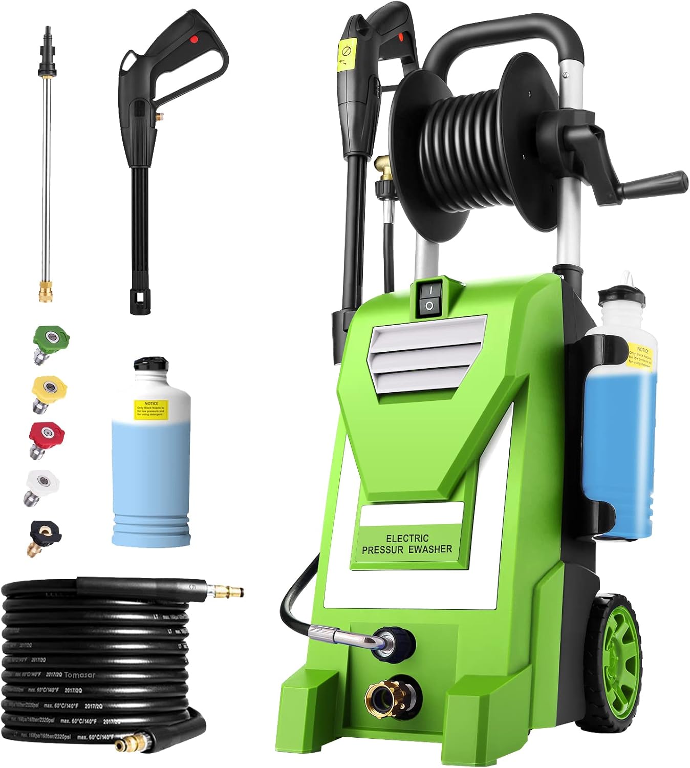 [Upgraded Version] Pressure Washer CR3800 Electric Power Washer 1800W High Pressure Washer 1.9GPM Professional High Pressure Cleaner with 5 Nozzles for Cars Driveways Fences Patios (Hose Reel-Green)