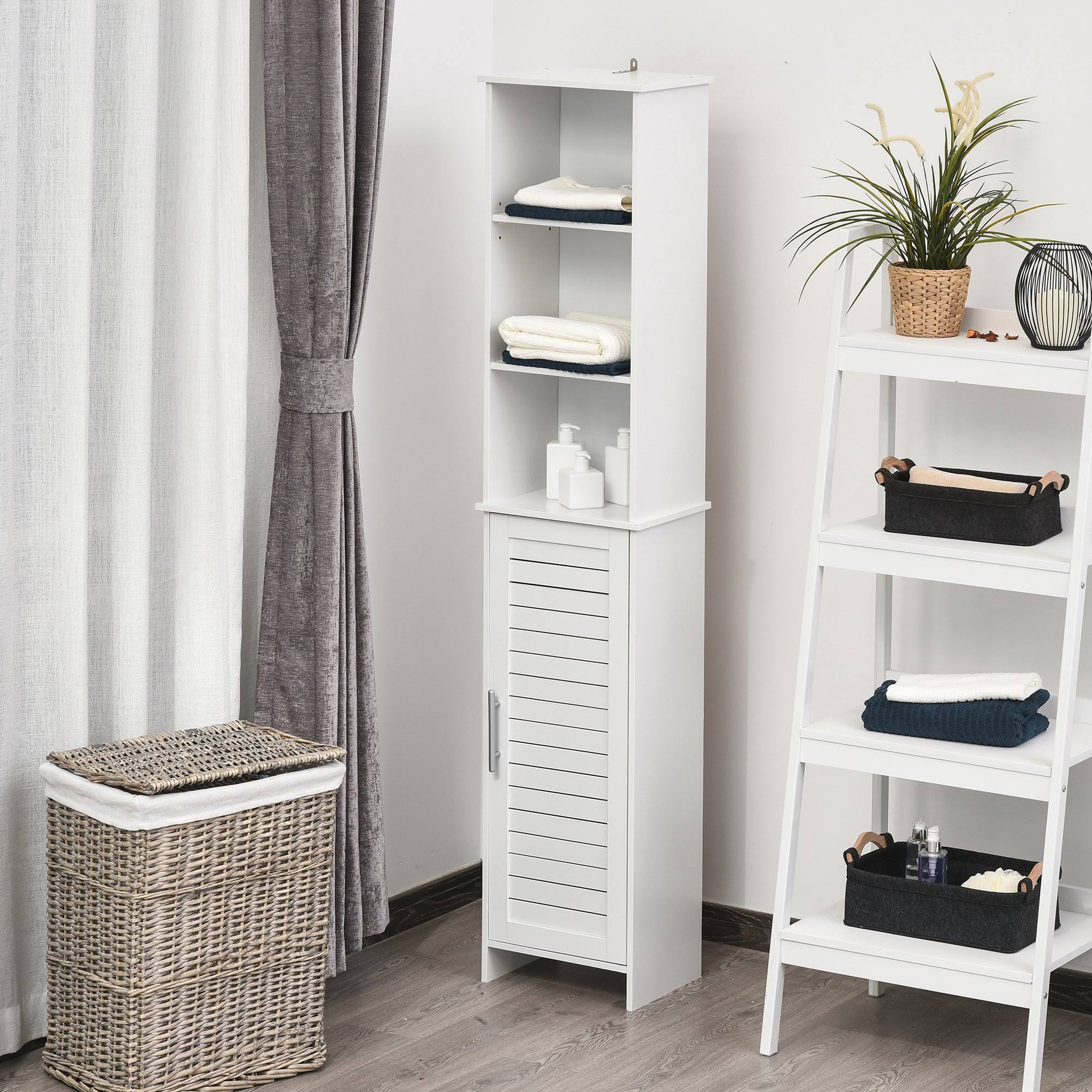 Kleankin Organizer Bathroom Tall Storage Cabinet w/ Door Tower Cupboard Open Shelves Freestanding Furniture - White