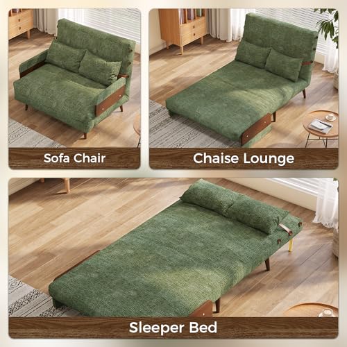 3-in-1 Convertible Chair Bed Sleeper for Adults, Linen Convertable Sleeper Chair with Wooden Arms & Pillows, Foldable Single Futon Sofa Bed (Mid Century with Walnut Arm, 36.6" Wide)