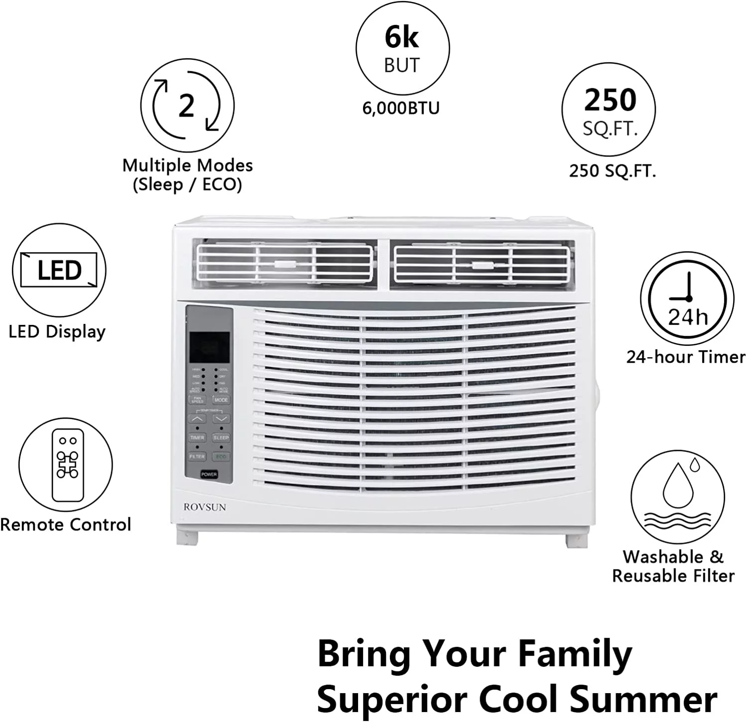 ROVSUN Wifi Enabled 6000 BTU Window Air Conditioner, 115V/60Hz Window AC Unit with Remote & APP Control, Cooling Rooms up to 250 Sq. Ft, Easy Install Kit Included, White