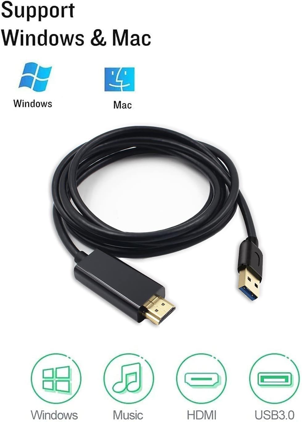 USB to HDMI Adapter Cable for Mac iOS Windows 10/8/7/Vista/XP, USB 3.0 to HDMI Male HD 1080P Monitor Display Audio Video Converter Cable Cord - 2M