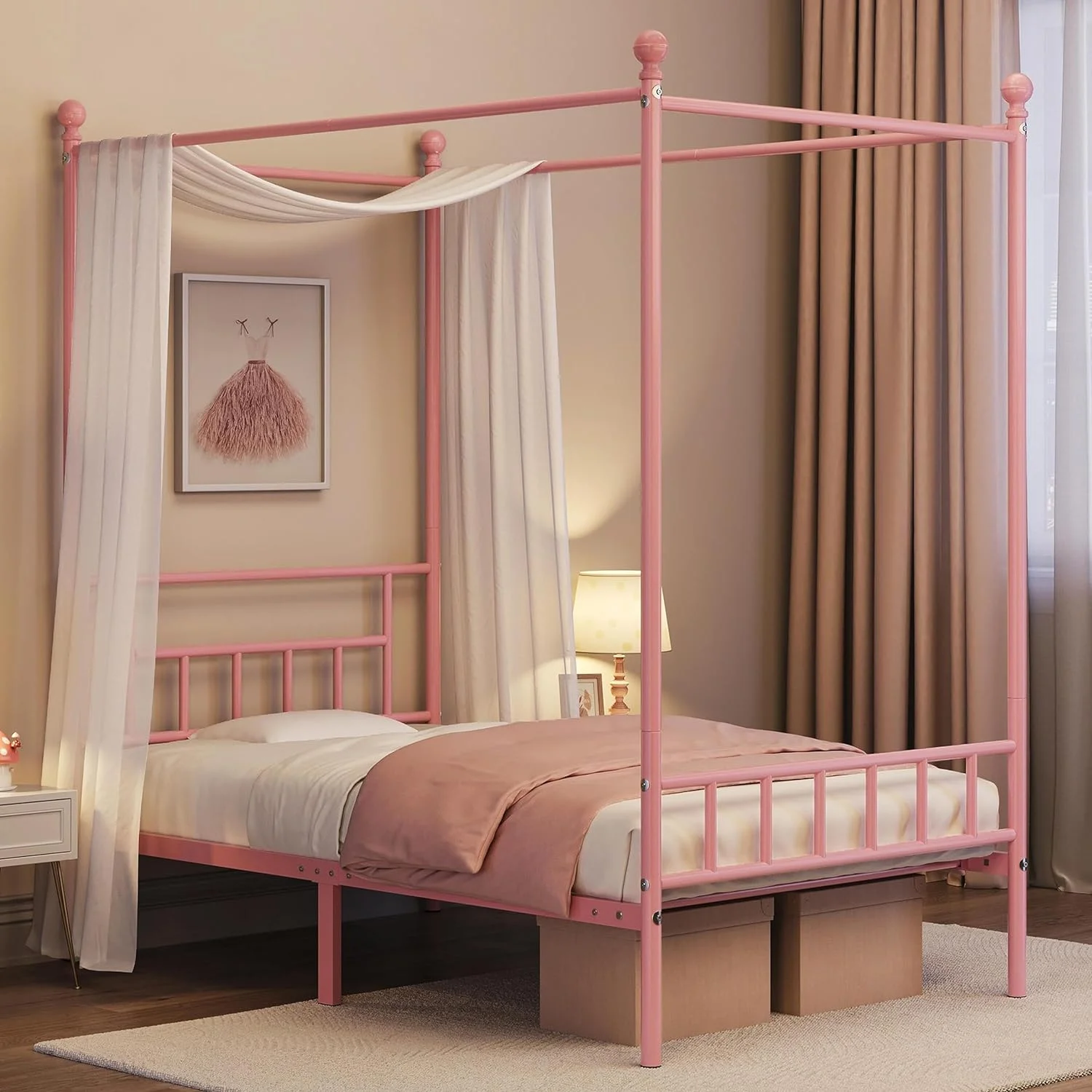 Twin Canopy Bed Frames Metal Platform Bed Frame Four-Poster Canopied Bed Mattress Foundation with Headboard and Footboard Sturdy Slatted Structure Easy Assembly No Box Spring Needed Pink