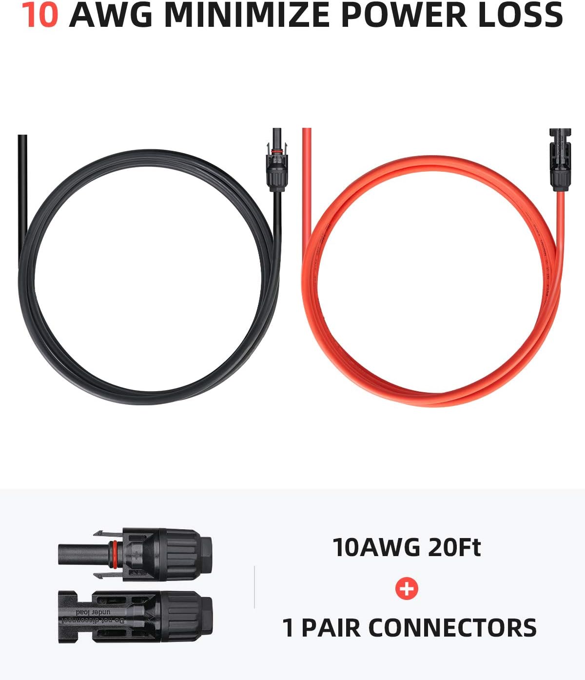 BougeRV 20 Feet 10AWG Solar Extension Cable with Female and Male Connector with Extra Free Pair of Connectors Solar Panel Adaptor Kit Tool (20FT Red + 20FT Black) Pack of 2