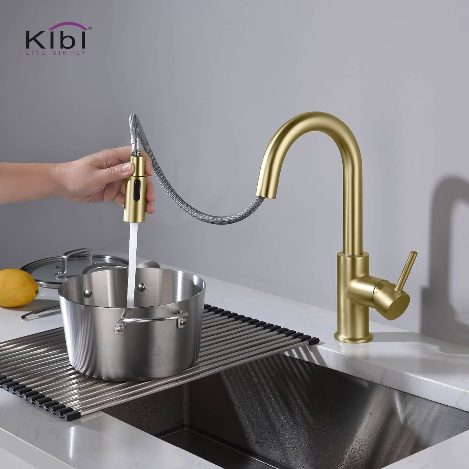 KIBI Single-Hole Pull-Down Nickel Kitchen Faucet with Sprayer and Magnetic Docking