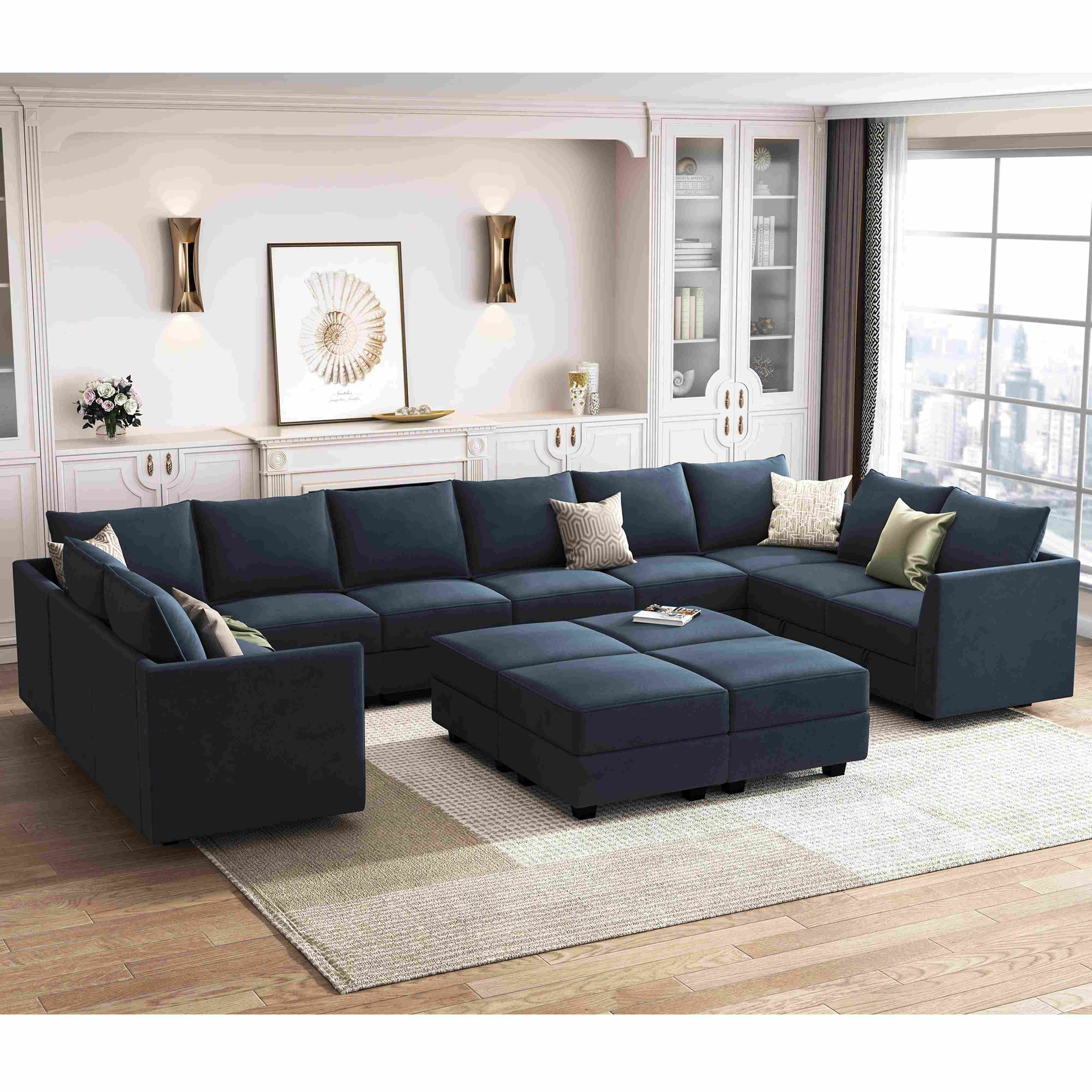 HONBAY Velvet Large Living Room Furniture Sofa Sleeper Bed Couch Set, Navy Blue