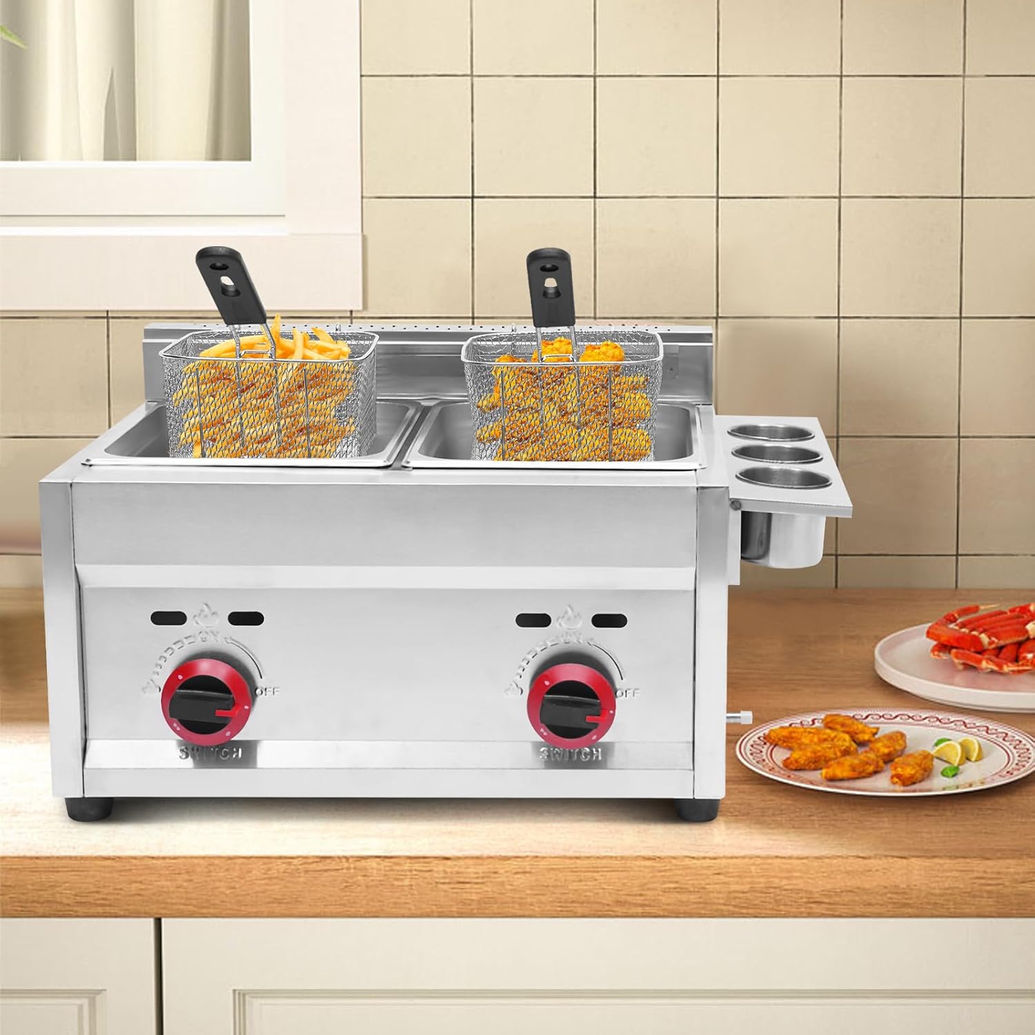 Commercial LPG Deep Fryer 2X 6L Double Basket Commercial Deep Fryer Counter Top Gas Fryer Stainless Steel for French Fries, Chicken, Donuts, Wings 5.3QT*2 Heating Power: 18000Btu/hr