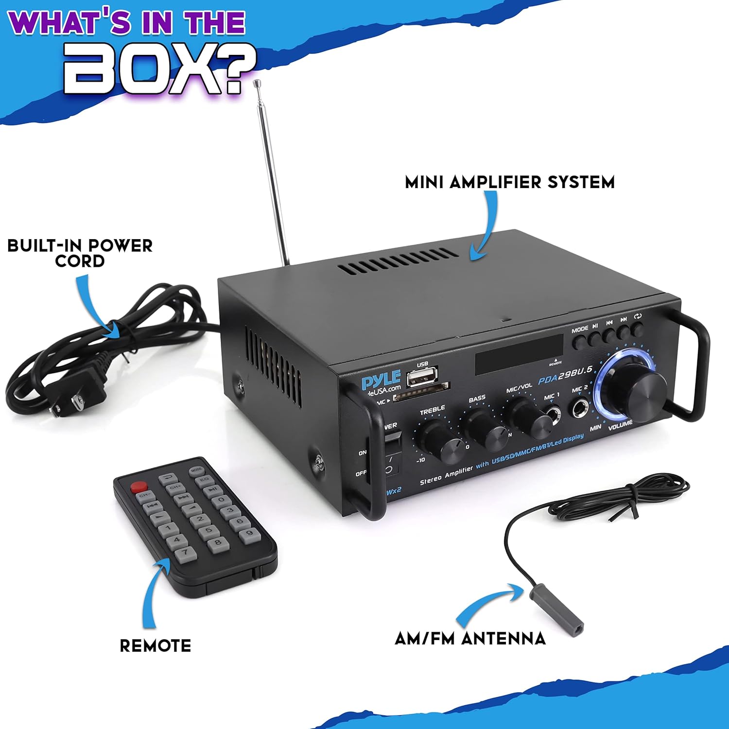 Pyle Wireless Bluetooth Stereo Power Amplifier - 200W 2 Channel Audio Stereo Receiver USA Warranty w/RCA, USB, SD, MIC in, FM Radio, for Home Theater Entertainment via RCA, Studio Use - Pyle PDA29BU Pack of 2