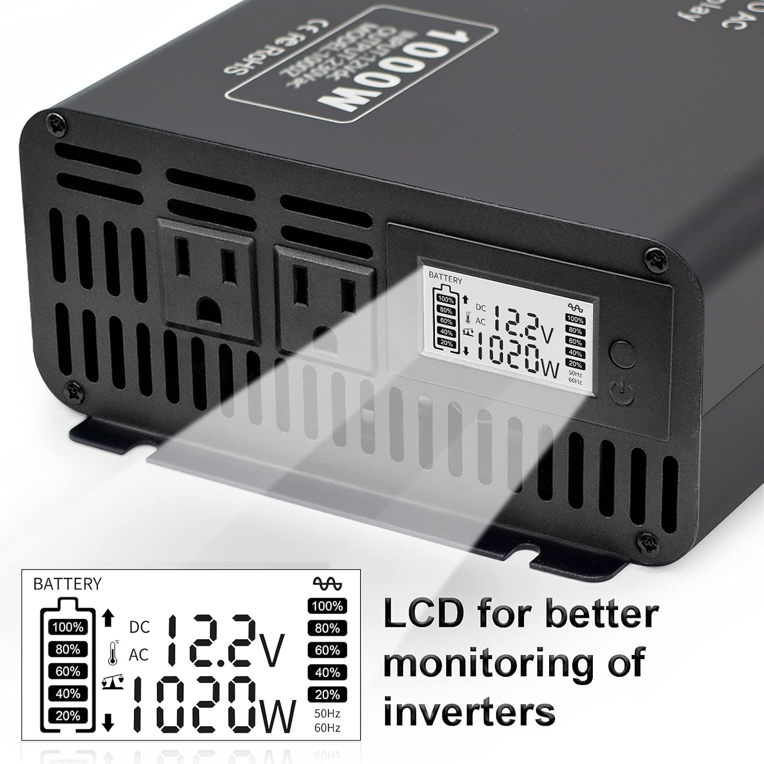 Pure Sine Wave Inverter 2000W Peak 4000W Power Inverter DC 12V to AC 110V 120V with 2 AC Outlets LCD Display for Home Solar System Car Truck RV Professional-Grade Voltage Converter Sine Wave Inverter