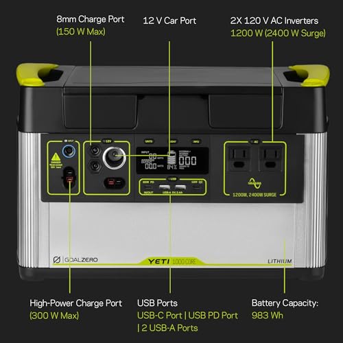 Goal Zero Yeti 1000 Core Portable Power Station, 1,000 W, Solar-Powered Generator (Solar Panel Not Included), USB-A/USB-C Ports and AC Outlets, Power for Camping