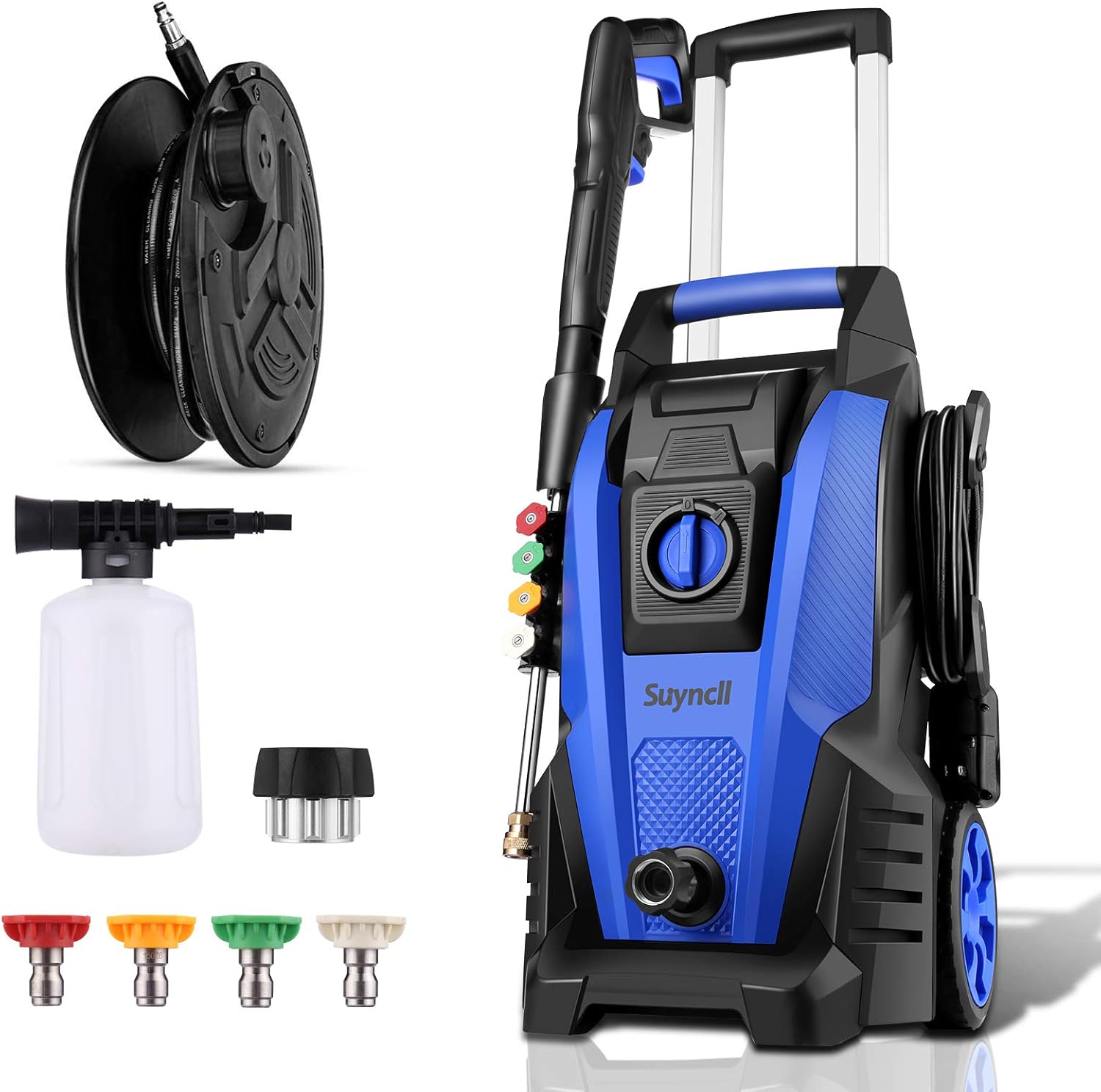 Pressure Washe, Suyncll Electric Power Washer Portable Cleaner Machine with 5 Nozzles and Hose Reel,for Homes, Cars, Driveways