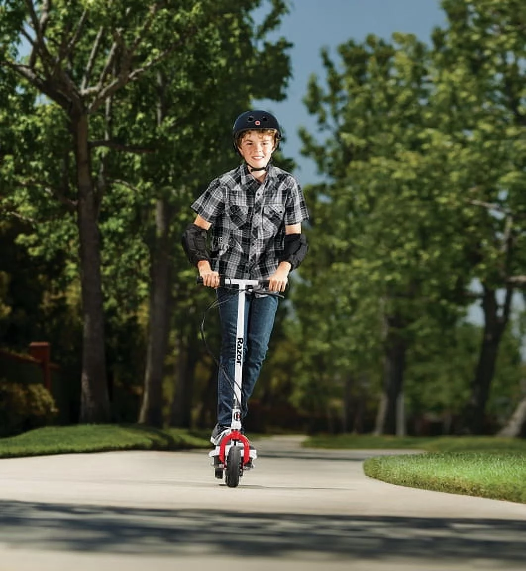Razor E200 Electric Scooter - White, for Ages 13+ and up to 154 lbs, 8" Pneumatic Front Tire, 200W Chain Motor, Up to 12 mph & up to 8-mile Range, 24V Sealed Lead-Acid Battery