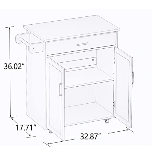ACLULION Small Kitchen Island Cart with Storage, Rolling Kitchen Island with Rubber Wood Top, Kitchen Island on Wheels with Drawer, Towel Rack and Cabinet for Kitchen, Dining Room (White)