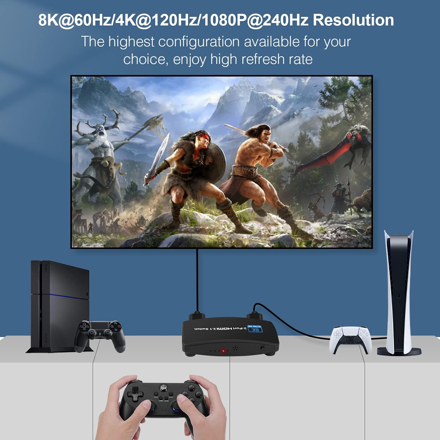 8K@60Hz HDMI 2.1 Switch, HDMI Switch 3 in 1 Out, 3-Port HDMI Switcher Selector, Supports 4K@120Hz, 1080P@240Hz, 1080P@120Hz for Fire Stick, HDTV, PS4/5, Game Consoles with Remote Control Pack of 2