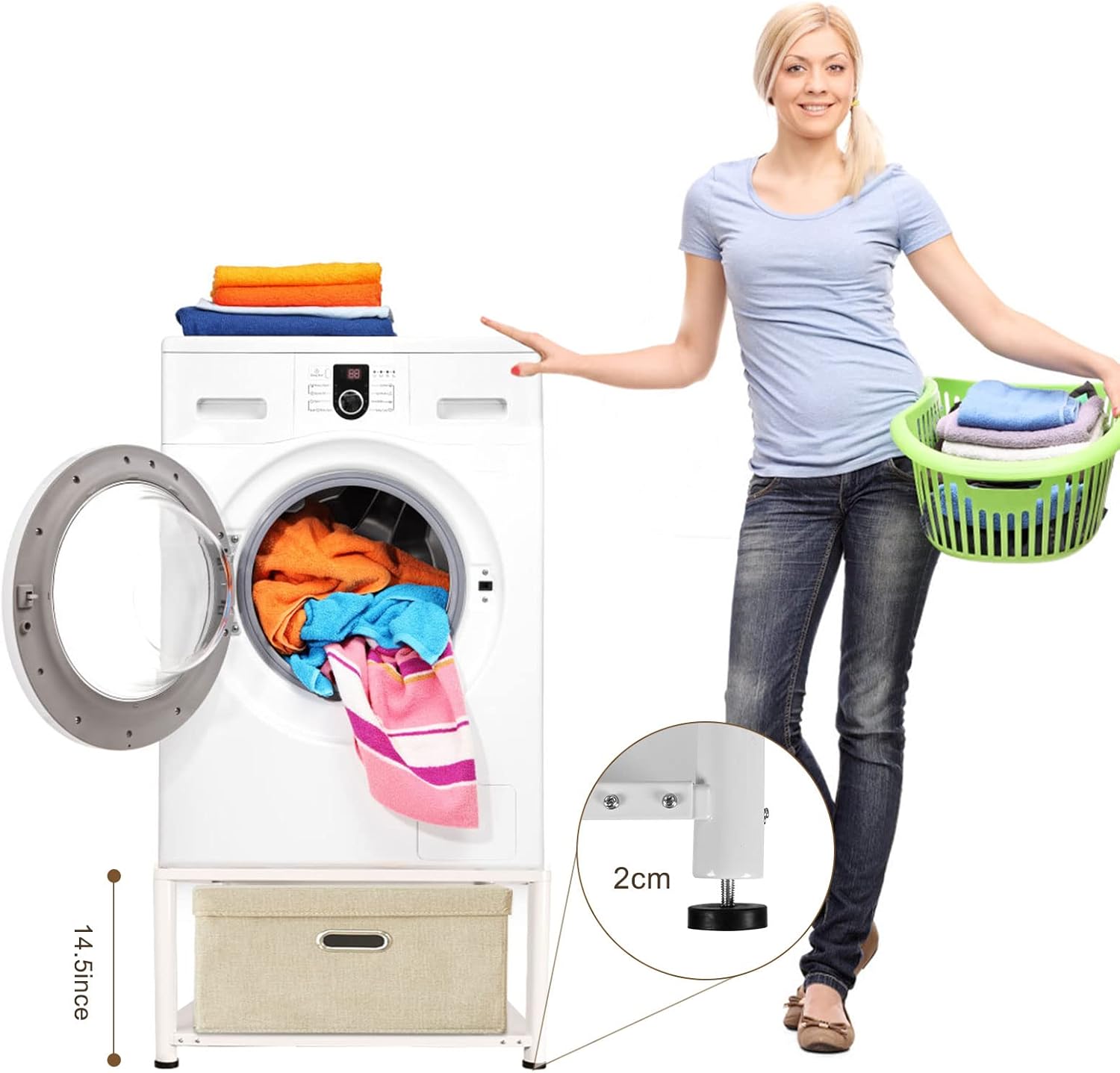 Laundry Pedestal 28", Adjustable Height Metal Steel Base with Storage Shelf, Universal Fit Pedestal for Washer and Dryer, 28 x 28 x 14.5 Inch (White)