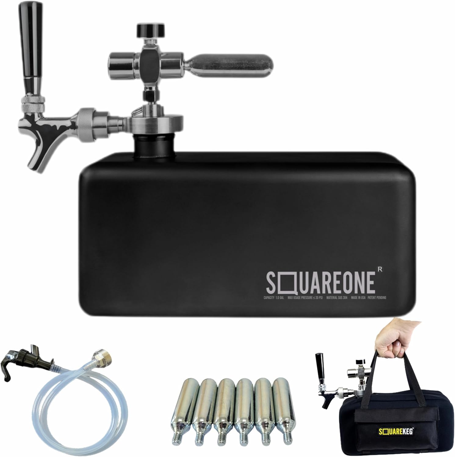 Square One Mini Keg, Stainless Steel Keg and Tap System, 2x 64oz Growlers or 1 Gallon Capacity, Fits in Refrigerators/Coolers, Great for Beer, Kombucha, Cold Brew, and Mixed Drinks - Black