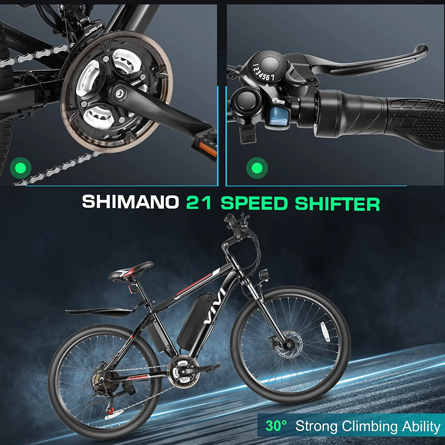 Vivi Electric Bike 26 Adult Electric Mountain Bike 500W Hardtail Electric Commuter Bike 21 Speed with Cruise Control Up to 20MPH & 50Miles